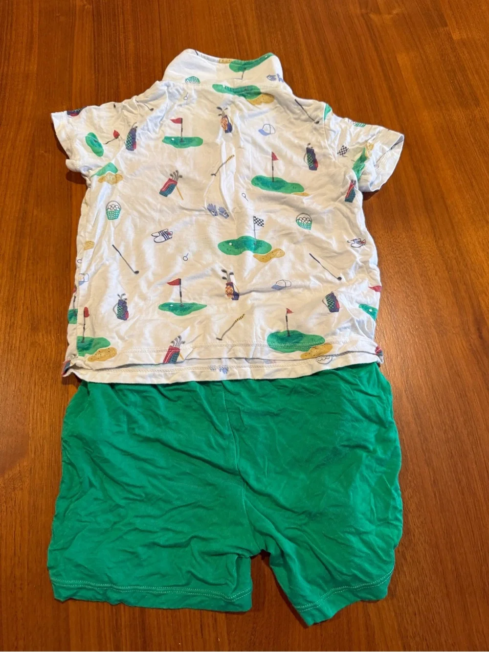Angel Dear White Golf-Print Top with Green Shorts Pajama Set